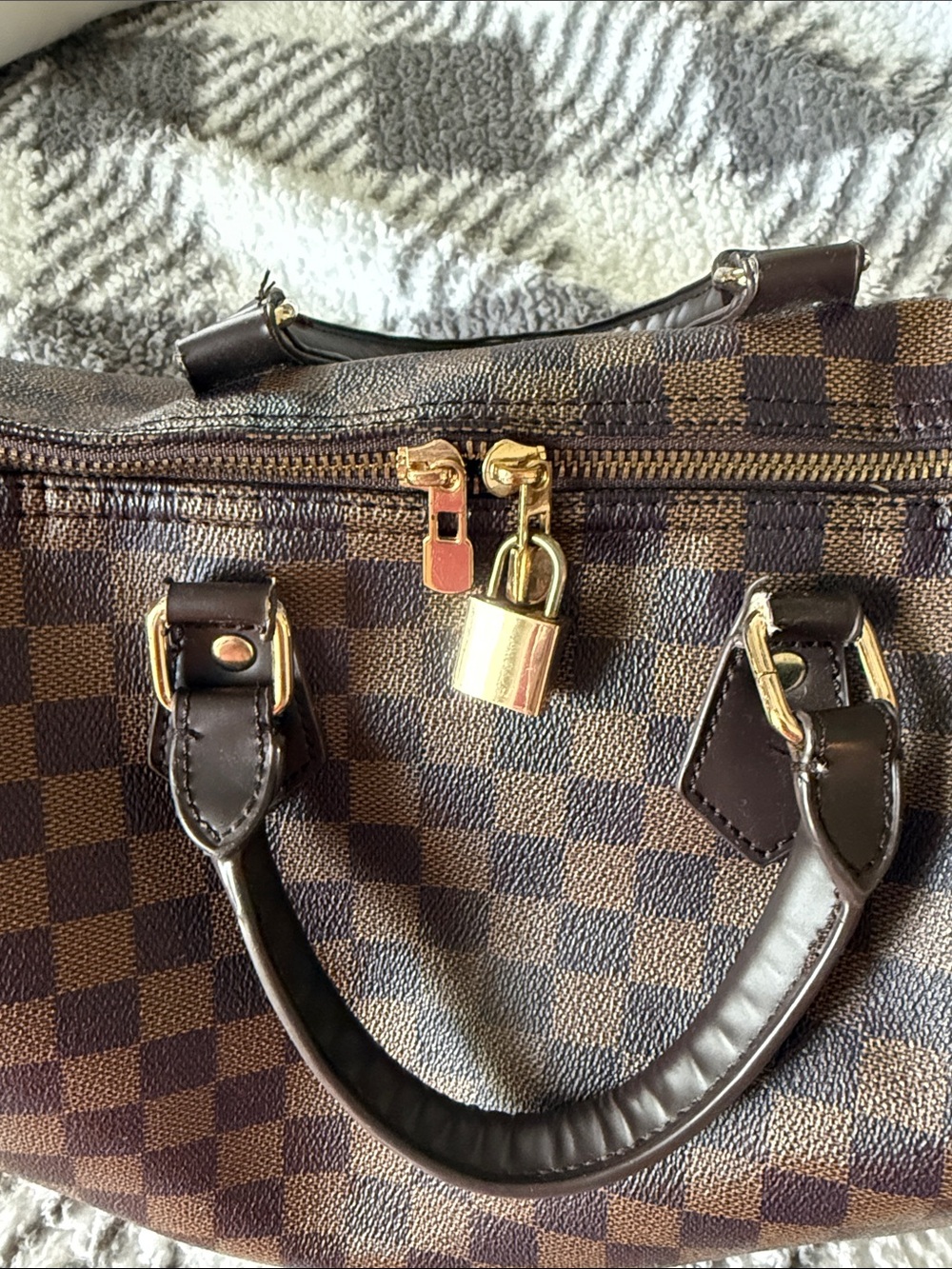 Classic Brown Checker Leather Top-Handle Women's Bag - Picture 4 of 5